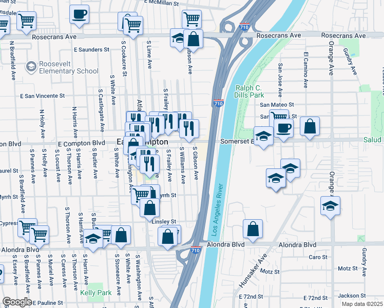 map of restaurants, bars, coffee shops, grocery stores, and more near 15127 South Gibson Avenue in Compton