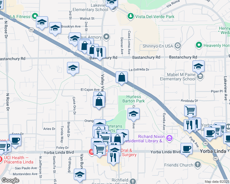 map of restaurants, bars, coffee shops, grocery stores, and more near 4516 Jamestowne in Yorba Linda