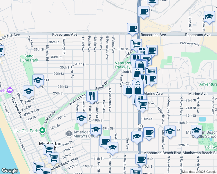 map of restaurants, bars, coffee shops, grocery stores, and more near 2605 North Poinsettia Avenue in Manhattan Beach