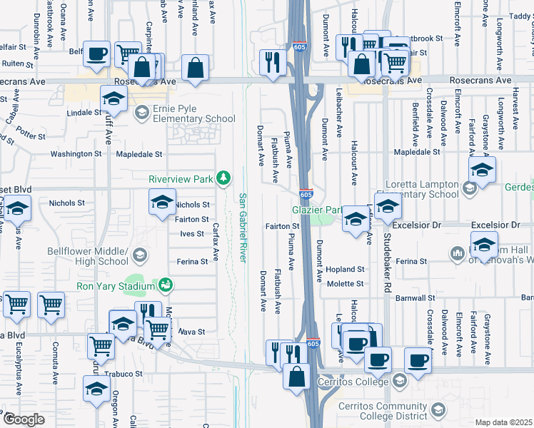map of restaurants, bars, coffee shops, grocery stores, and more near 14842 Domart Ave in Norwalk