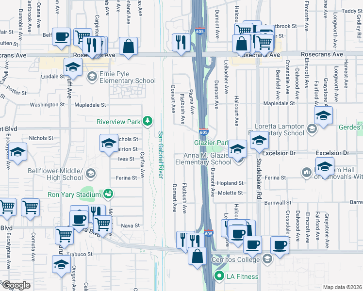 map of restaurants, bars, coffee shops, grocery stores, and more near 14842 Domart Avenue in Norwalk
