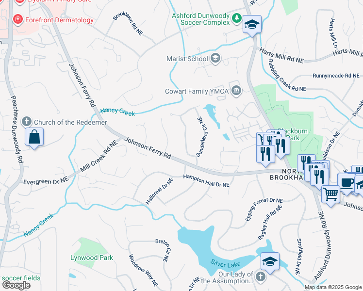 map of restaurants, bars, coffee shops, grocery stores, and more near 3485 Sunderland Circle Northeast in Atlanta
