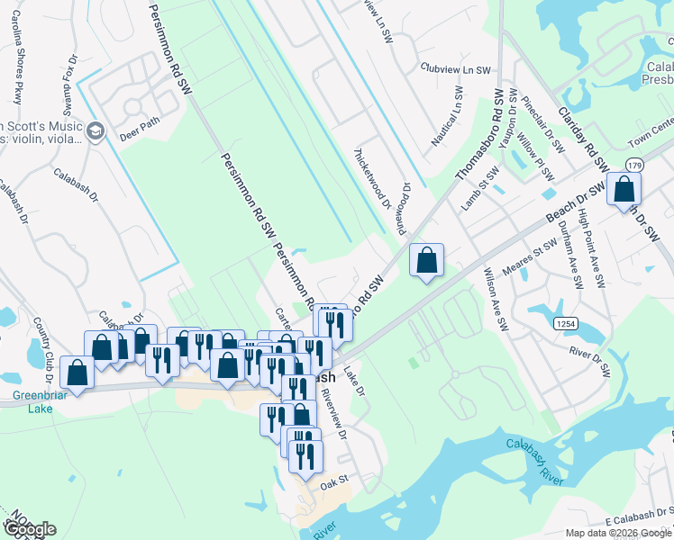 map of restaurants, bars, coffee shops, grocery stores, and more near 1410 Village Green Drive in Calabash