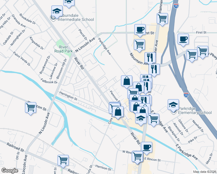 map of restaurants, bars, coffee shops, grocery stores, and more near 912 Redhead Lane in Corona