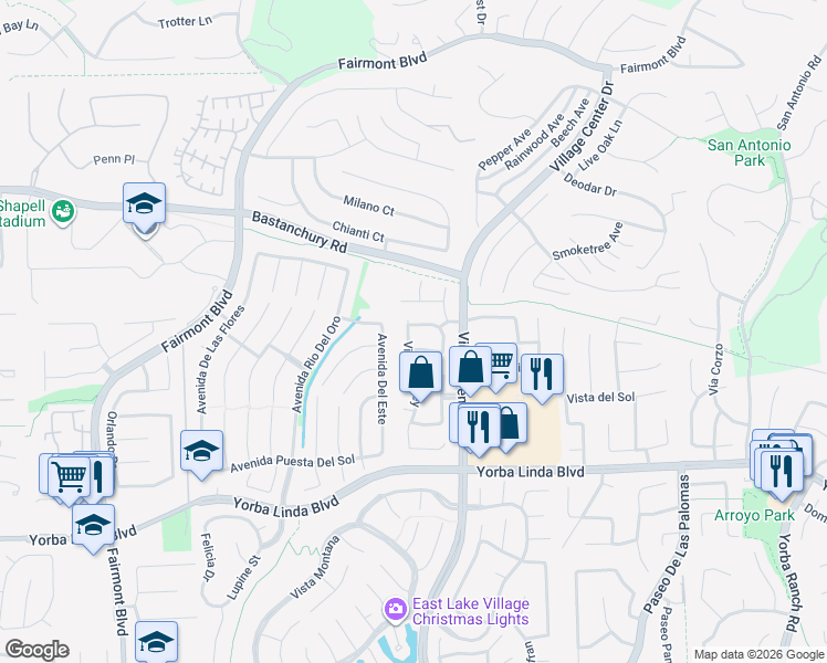 map of restaurants, bars, coffee shops, grocery stores, and more near 20400 Vía Navarra in Yorba Linda