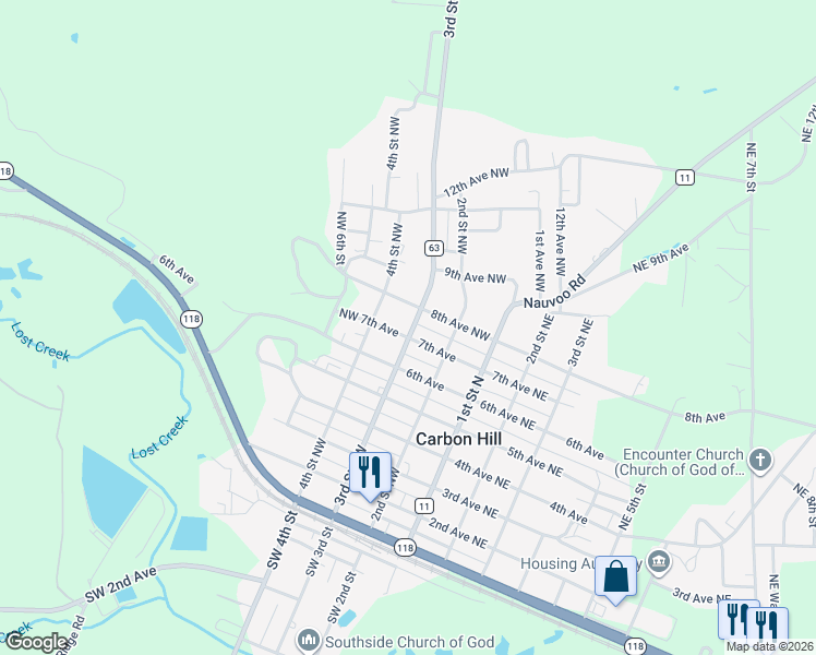 map of restaurants, bars, coffee shops, grocery stores, and more near 706-708 3rd St NW in Carbon Hill