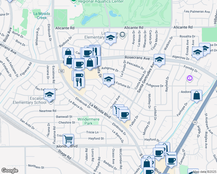 map of restaurants, bars, coffee shops, grocery stores, and more near 14901 Adelfa Drive in La Mirada