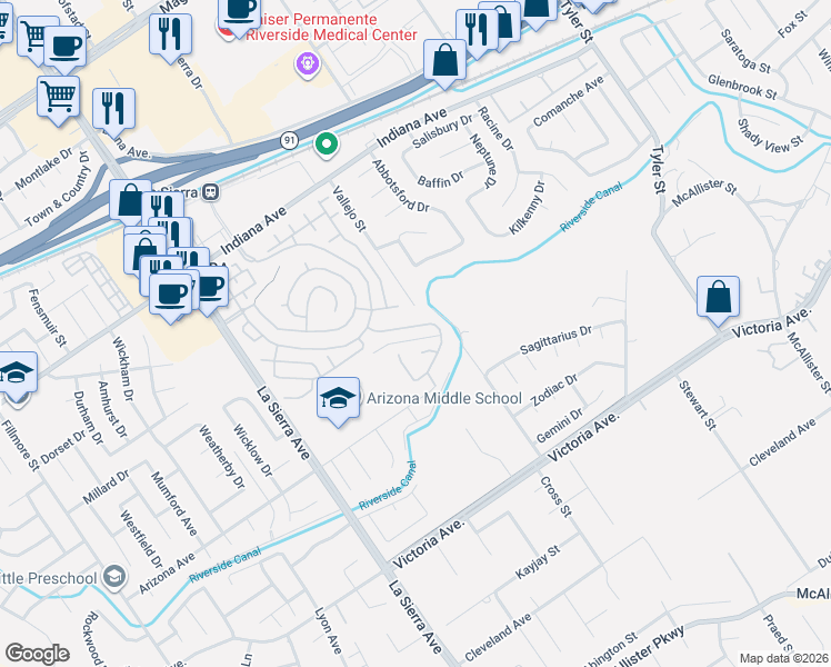 map of restaurants, bars, coffee shops, grocery stores, and more near 10828 Portofino Lane in Riverside