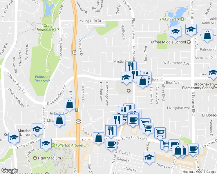 map of restaurants, bars, coffee shops, grocery stores, and more near 637 Barker Way in Placentia