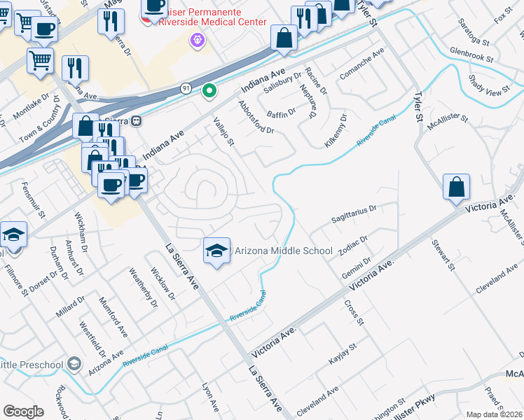 map of restaurants, bars, coffee shops, grocery stores, and more near 10812 Portofino Lane in Riverside