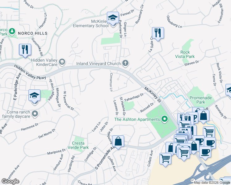 map of restaurants, bars, coffee shops, grocery stores, and more near 2030 Cascade Drive in Corona