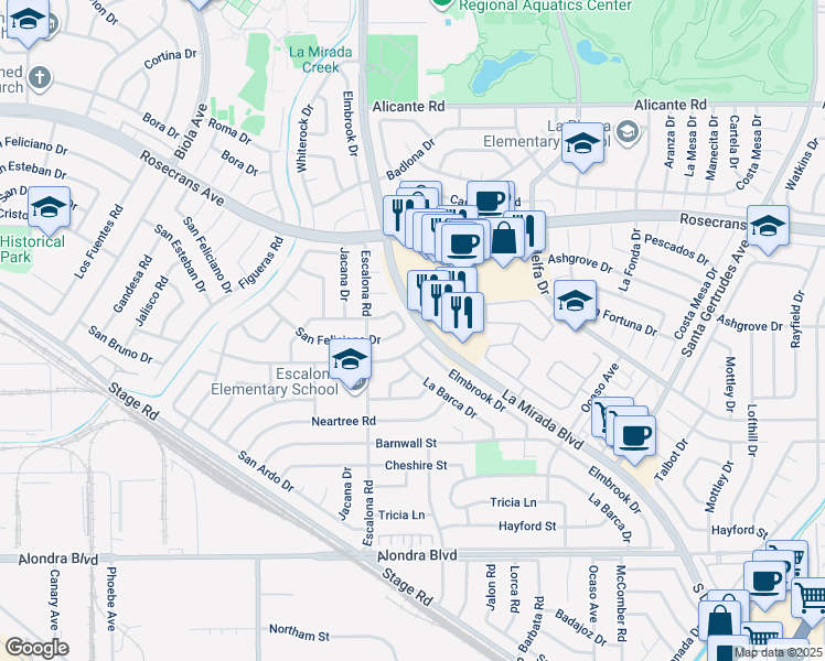map of restaurants, bars, coffee shops, grocery stores, and more near 15075 Excelsior Drive in La Mirada