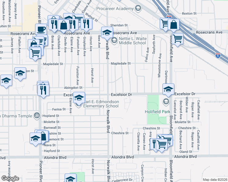 map of restaurants, bars, coffee shops, grocery stores, and more near 14920 Norwalk Boulevard in Norwalk