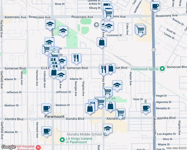 map of restaurants, bars, coffee shops, grocery stores, and more near 15134 Indiana Avenue in Paramount
