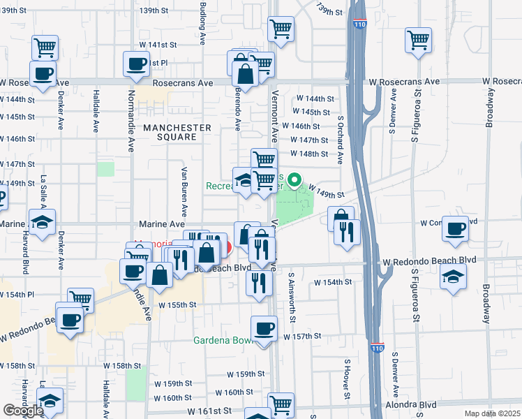 map of restaurants, bars, coffee shops, grocery stores, and more near 1048 West 149th Street in Gardena