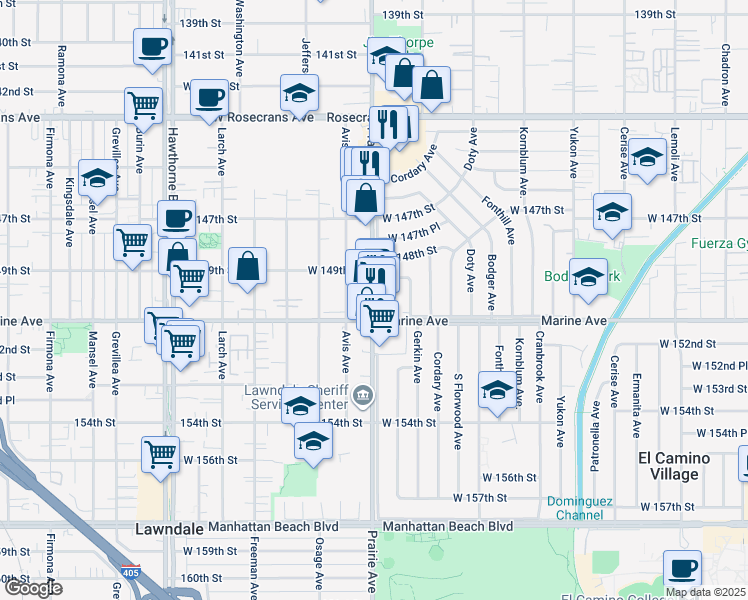 map of restaurants, bars, coffee shops, grocery stores, and more near 14979 Prairie Avenue in Lawndale