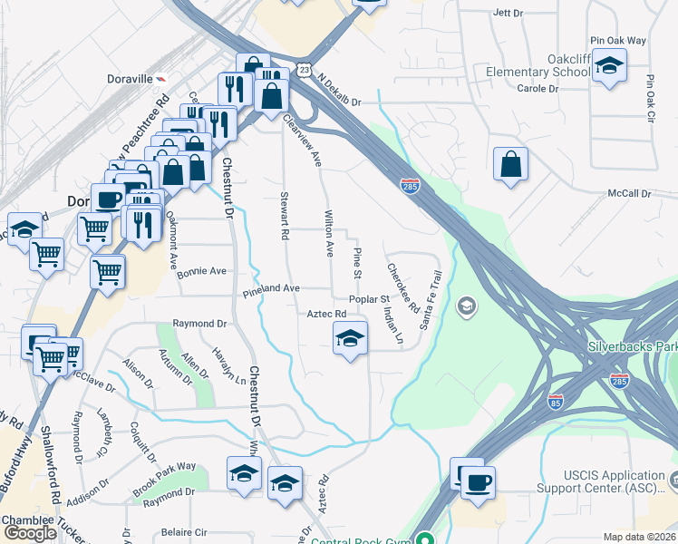map of restaurants, bars, coffee shops, grocery stores, and more near 3567 Wilton Avenue in Doraville