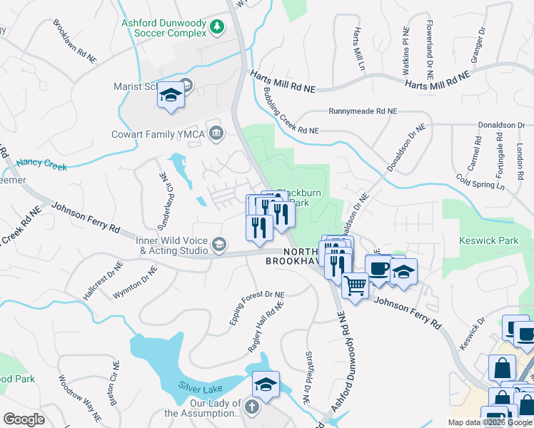 map of restaurants, bars, coffee shops, grocery stores, and more near 3566 Parkside Way in Brookhaven