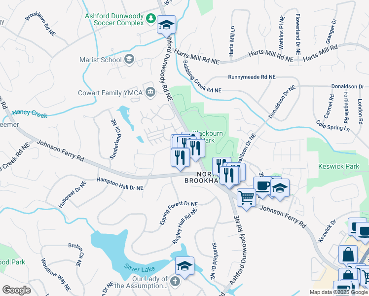 map of restaurants, bars, coffee shops, grocery stores, and more near 3556 Parkside Way in Brookhaven