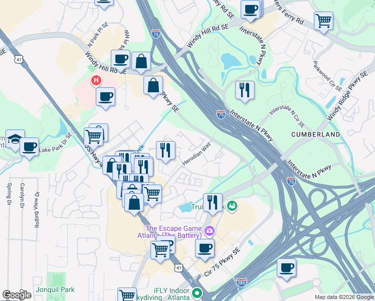 map of restaurants, bars, coffee shops, grocery stores, and more near 2726 Avington Lane in Smyrna