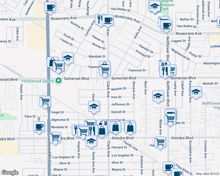 map of restaurants, bars, coffee shops, grocery stores, and more near 9401 Nichols Street in Bellflower