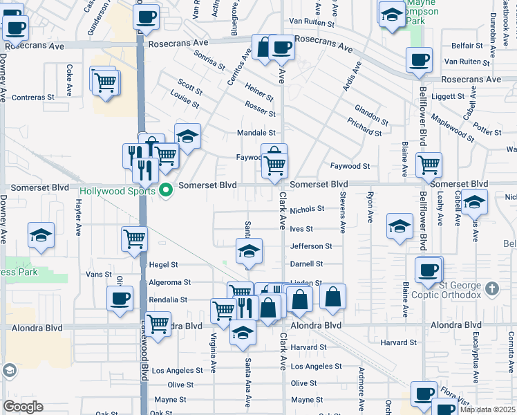 map of restaurants, bars, coffee shops, grocery stores, and more near 9317 Nichols Street in Bellflower