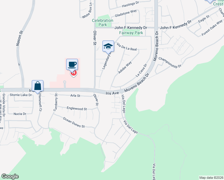 map of restaurants, bars, coffee shops, grocery stores, and more near 15494 Adobe Way in Moreno Valley