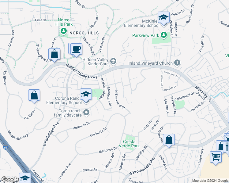 map of restaurants, bars, coffee shops, grocery stores, and more near 838 North Temescal Street in Corona