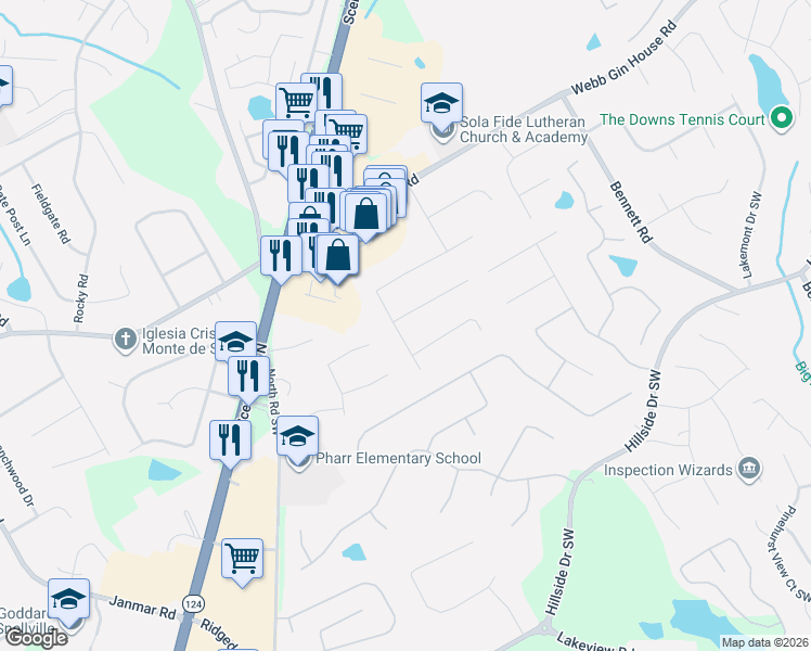 map of restaurants, bars, coffee shops, grocery stores, and more near 1498 Wheeler Drive in Lawrenceville