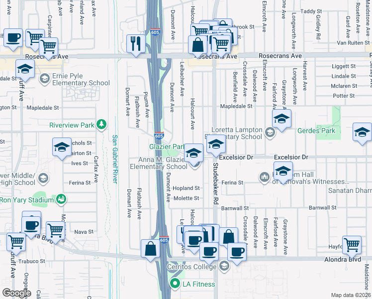 map of restaurants, bars, coffee shops, grocery stores, and more near 10911 Excelsior Dr in Norwalk
