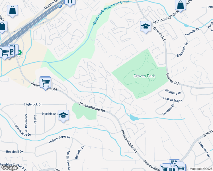 map of restaurants, bars, coffee shops, grocery stores, and more near 3511 Morningside Village Lane in Atlanta