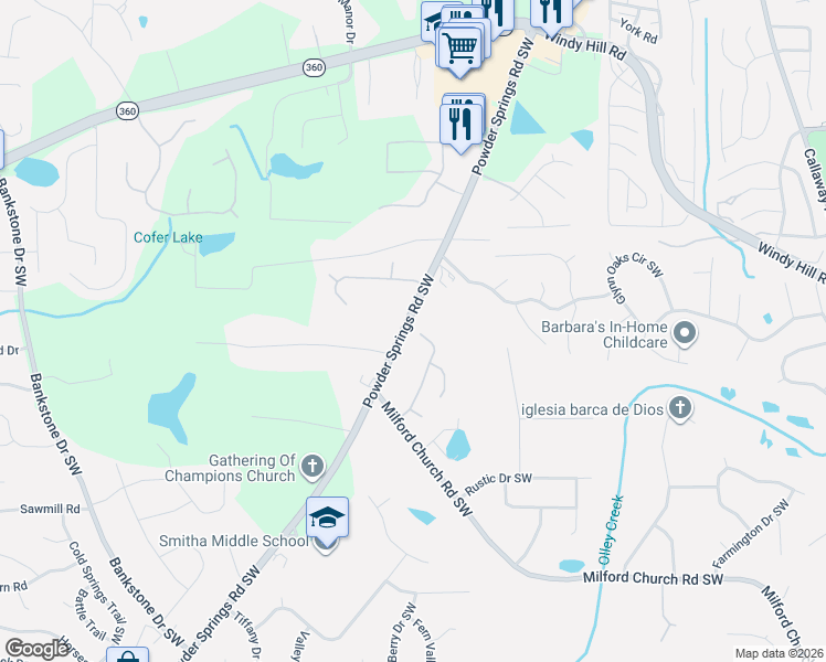 map of restaurants, bars, coffee shops, grocery stores, and more near 2400 Hampton Estates Drive Southwest in Marietta