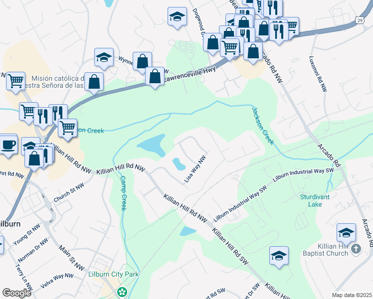 map of restaurants, bars, coffee shops, grocery stores, and more near 242 Cathey Lane Northwest in Lilburn