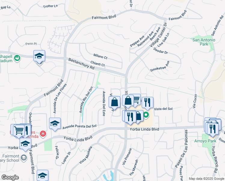 map of restaurants, bars, coffee shops, grocery stores, and more near 20400 Vía Navarra in Yorba Linda