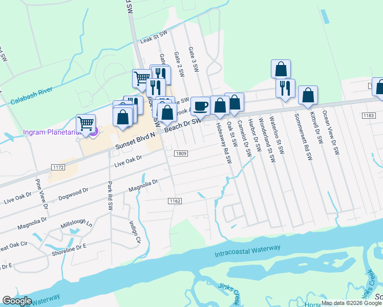 map of restaurants, bars, coffee shops, grocery stores, and more near 7268 Bo Tuck Road Southwest in Ocean Isle Beach