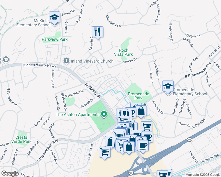 map of restaurants, bars, coffee shops, grocery stores, and more near 2240 Indigo Hills Drive in Corona