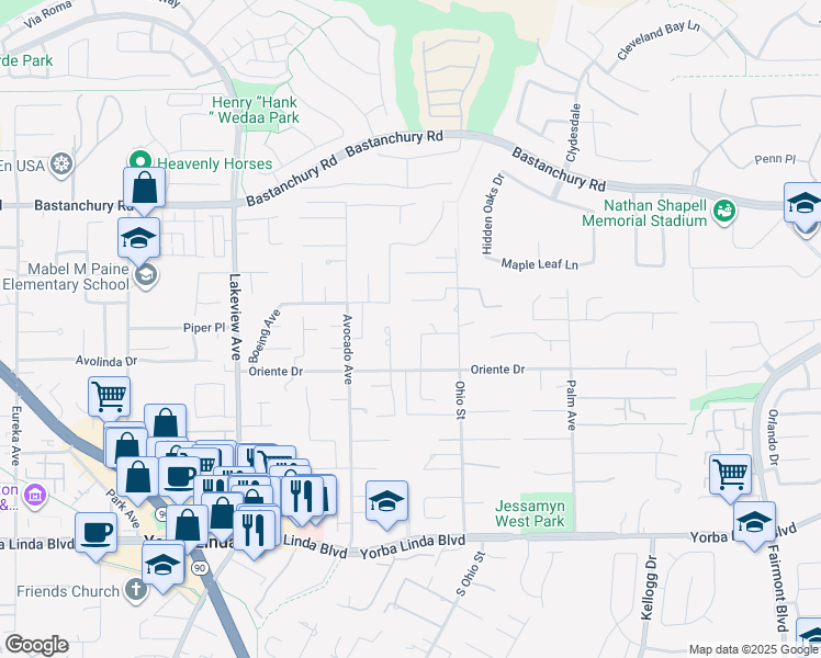 map of restaurants, bars, coffee shops, grocery stores, and more near 4531 Vallecito Lane in Yorba Linda
