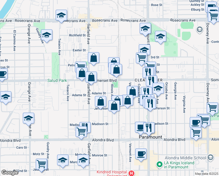 map of restaurants, bars, coffee shops, grocery stores, and more near 15135 Illinois Avenue in Paramount