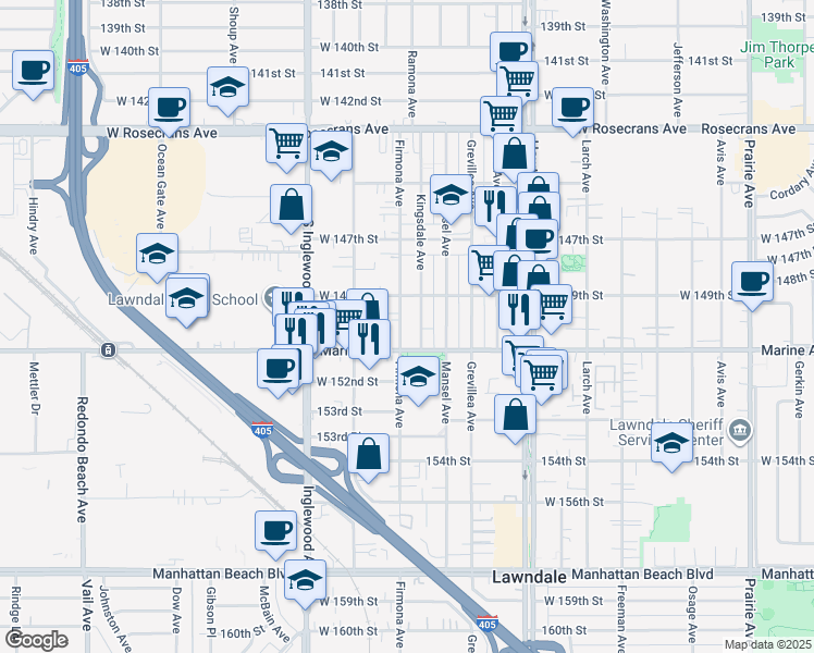 map of restaurants, bars, coffee shops, grocery stores, and more near 15000 Firmona Avenue in Lawndale