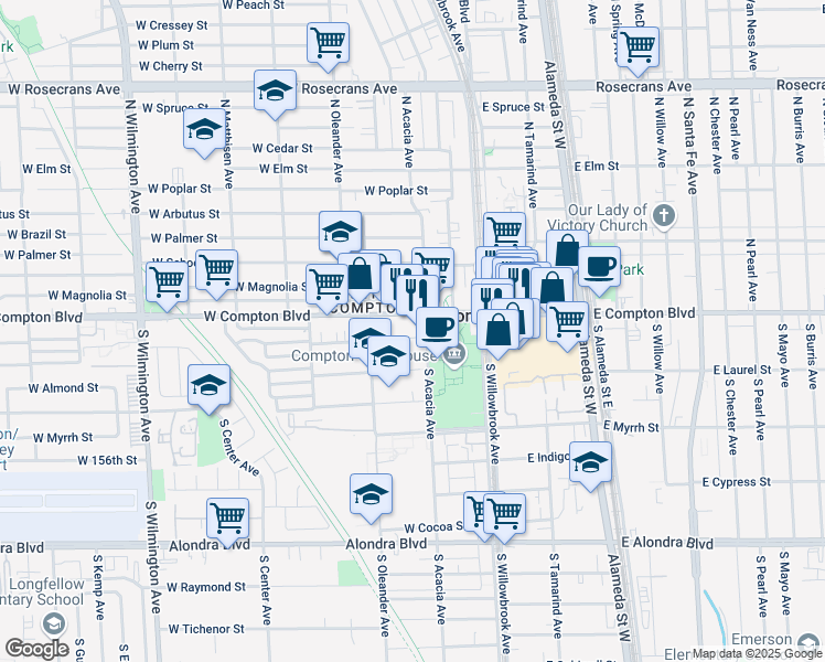 map of restaurants, bars, coffee shops, grocery stores, and more near 309 West Palm Street in Compton
