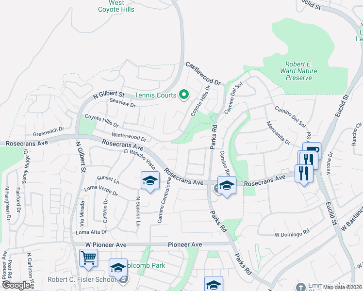 map of restaurants, bars, coffee shops, grocery stores, and more near 2240 Camino Centroloma in Fullerton