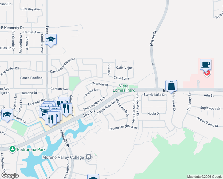 map of restaurants, bars, coffee shops, grocery stores, and more near 15555 Firerock Lane in Moreno Valley