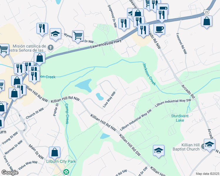 map of restaurants, bars, coffee shops, grocery stores, and more near 242 Cathey Lane Northwest in Lilburn