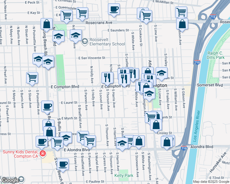 map of restaurants, bars, coffee shops, grocery stores, and more near 120 South Harris Avenue in Compton