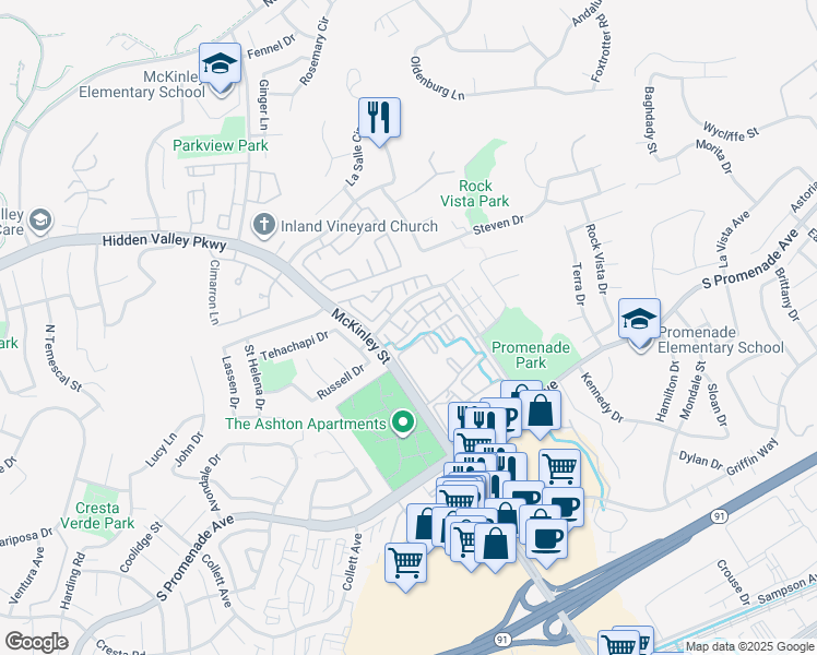 map of restaurants, bars, coffee shops, grocery stores, and more near 2225 Indigo Hills Drive in Corona