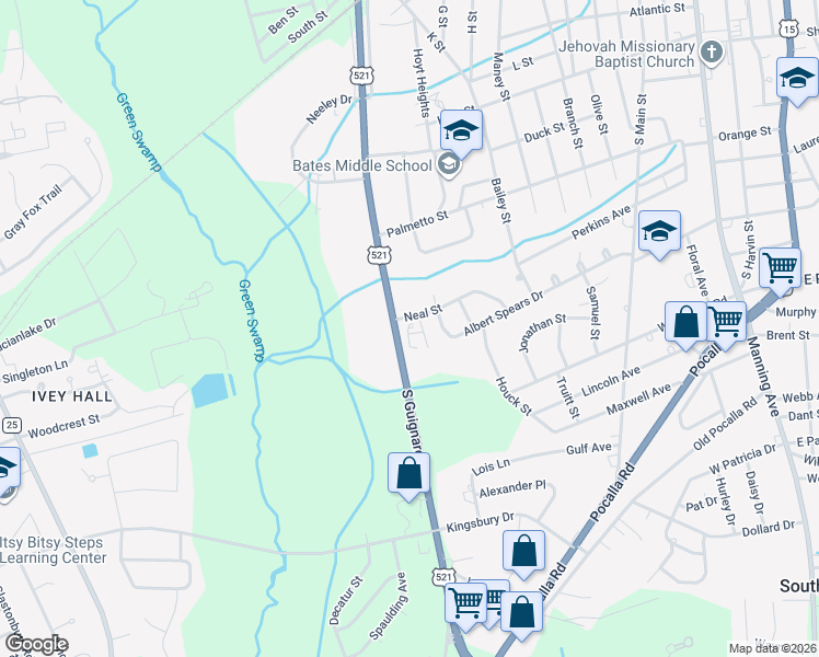 map of restaurants, bars, coffee shops, grocery stores, and more near 855 South Guignard Drive in Sumter