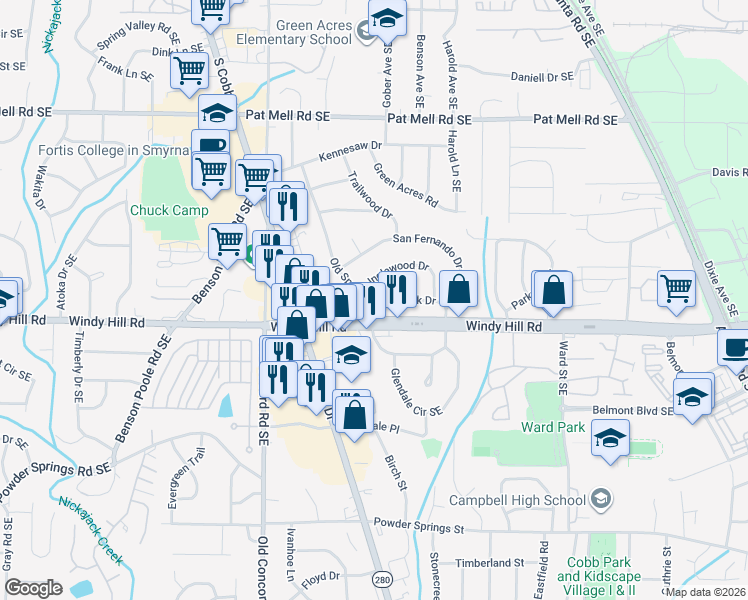 map of restaurants, bars, coffee shops, grocery stores, and more near 2387 Old Spring Road in Smyrna