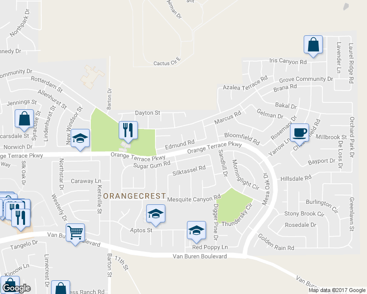 map of restaurants, bars, coffee shops, grocery stores, and more near 20293 Edmund Road in Riverside