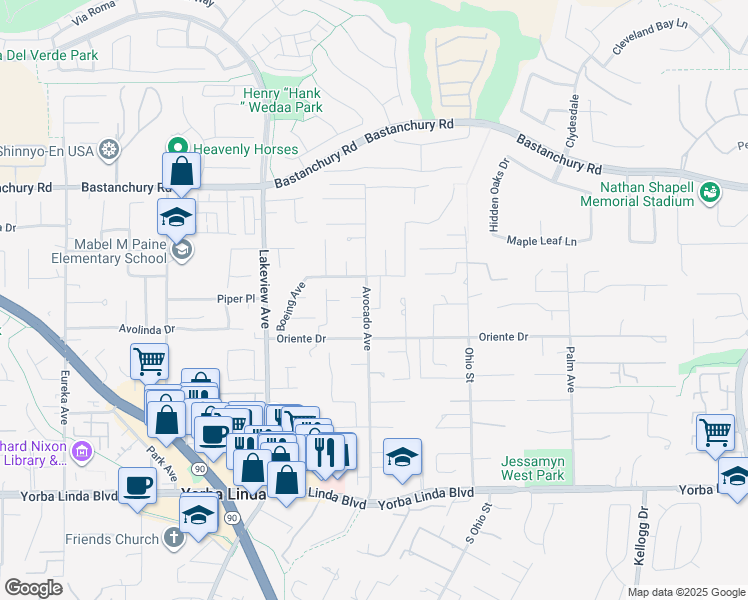 map of restaurants, bars, coffee shops, grocery stores, and more near 4511 Camela Street in Yorba Linda