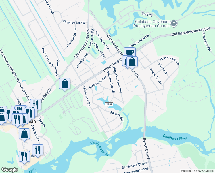 map of restaurants, bars, coffee shops, grocery stores, and more near 1119 Charlotte Avenue in Calabash